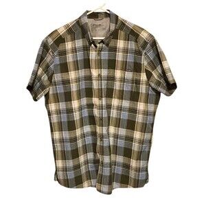 Eddie Bauer Short Sleeve Shirt Vented Green Blue Plaid Pocket Classic Fit Mens L